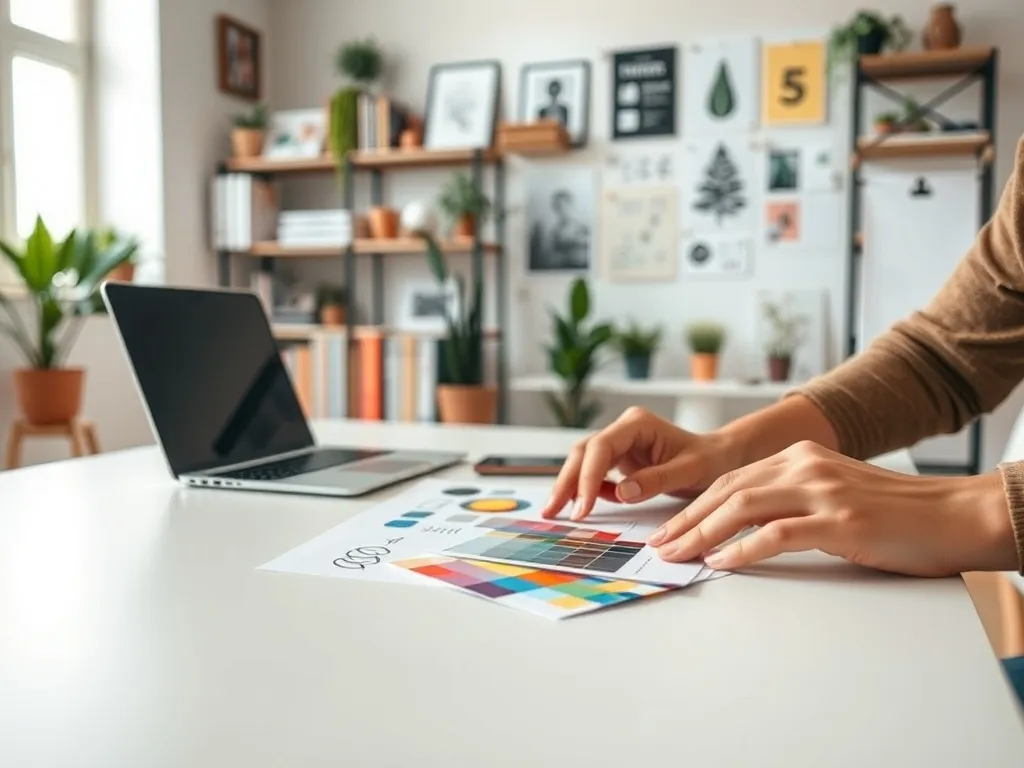 Projektant przy biurku układa próbki kolorów i szkice logo, symbolizując proces pracy studia brandingowego.